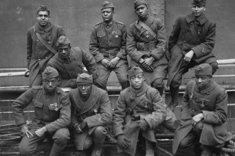 Originally known as the 15th New York, an African-American regiment in a segregated Army and National Guard, the men of the 369th Infantry Regiment distinguished themselves in combat in World War I, fighting with the French Army. The Soldiers pictured here are received to French Croix de Guerre for their heroism. The Soldiers called themselves the "Rattlers" but are best known for the nickname the "Harlem Hell Fighters". Personnel records of the New York National Guard unit from 1921 to 1949 can now be found on line. 