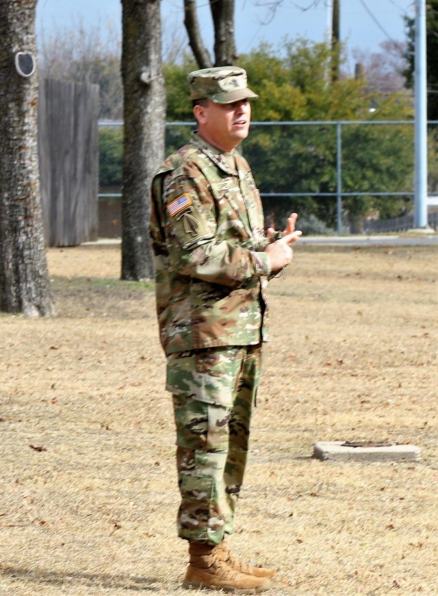 U.S. Army Command Sgt. Maj. Michael Lopez, senior enlisted advisor for 3-312th Training Support Battalion, Fort Meade, Maryland, addresses Soldiers form the unit commending them on their hard work and effort during the mobilization process and achieving mission readiness December 18 at Fort Hood, Texas. The unit is on a yearlong assignment to Fort Hood in support of operations for First Army Division West, 120th Infantry Brigade. (U.S. Army Reserve Photo Staff Sgt. Erick Yates)
