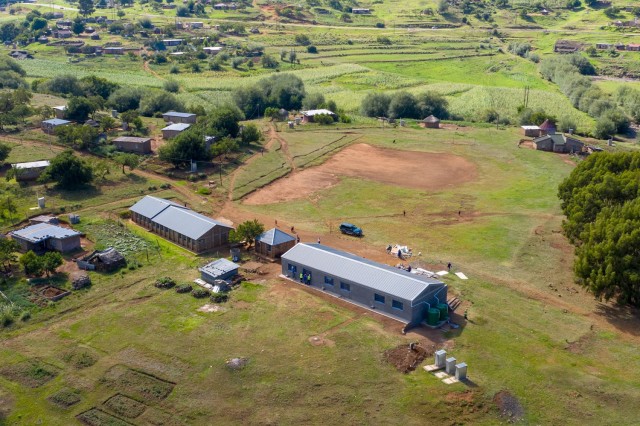 An aerial photo of a school renovation conducted by the U.S. Army Corps of Engineers in Lesotho, Jan. 29, 2019. The project is being executed through the Department of Defense's AFRICOM humanitarian assistance program to improve future prospects for the children of Lesotho. (Courtesy photo)