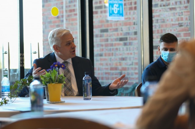 Christopher J. Lowman, the senior official performing the duties of the undersecretary of the Army, speaks with Soldiers during a &#34;people first&#34; themed solarium at the U.S. Military Academy in West Point, N.Y., March 15, 2021. The solarium was structured to facilitate small group discussions between attendees about challenging topics and provide Army senior leaders with fresh insight and potential solutions. 