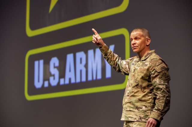 Sgt. Maj. of the Army Michael A. Grinston provides remarks during a &#34;people first&#34; themed solarium at the U.S. Military Academy in West Point, N.Y., March 15, 2021. The solarium allowed Soldiers to discuss possible solutions to rid sexual harassment/assault, suicide, and discrimination/extremism within the Army ranks. 