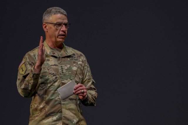 Army Vice Chief of Staff Gen. Joseph M. Martin provides his opening remarks during a &#34;people first&#34; themed solarium at the U.S. Military Academy in West Point, N.Y., March 15, 2021. The solarium allowed Soldiers to discuss serious issues aimed to rid sexual harassment/assault, suicide, and discrimination/extremism within the Army ranks. 