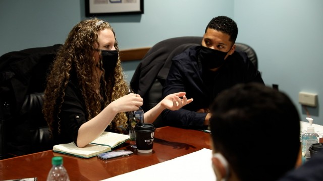 Spc. Brittney Verberkmoes participates in a group discussion about suicide during a &#34;people first&#34; themed solarium at the U.S. Military Academy in West Point, N.Y., March 15-19, 2021. Verberkmoes is a multimedia illustrator with the 95th Civil Affairs Brigade on Fort Bragg, N.C. 