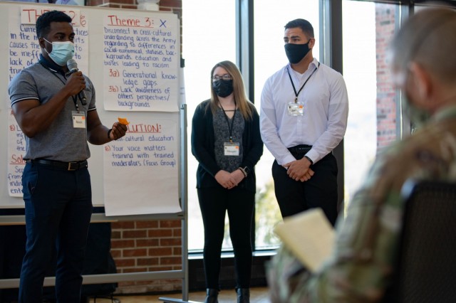 Soldiers present their finding to Army leaders during a &#34;people first&#34; themed solarium at the U.S. Military Academy in West Point, N.Y., March 15-19, 2021. The solarium was structured to facilitate small group discussions between attendees about challenging topics and provide Army senior leaders with fresh insight and potential solutions. 