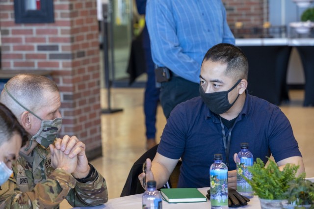 Sgt. Maj. of the Army Michael A. Grinston speaks with Soldiers during a &#34;people first&#34; themed solarium at the U.S. Military Academy in West Point, N.Y., March 15, 2021. The solarium was structured to facilitate small group discussions between attendees about challenging topics and provide Army senior leaders with fresh insight and potential solutions. 