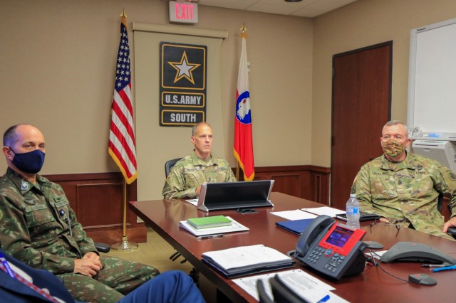 (From left to right) Brig. Gen. Alcides V. Faria, Jr., U.S. Army South deputy commanding general for interoperability, Maj. Gen. Daniel R. Walrath, U.S. Army South commanding general and Command Sgt. Major Trevor C. Walker, U.S. Army South senior enlisted advisor, attend the first Central American Working Group Meeting of Principals March 23, virtually, at U.S. Army South headquarters, Fort Sam Houston, Texas. The CENTAM Working Group Principals Meeting is a forum for army commanders representing El Salvador, Guatemala, Honduras and the United States to enhance professional relationships and plan for cooperation activities for the next five years. Maintaining strong relationships is a cornerstone of Army South’s engagements.