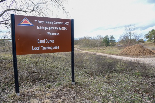 A sign indicates the entrance to the tactical training area at the Mainz Sand Dunes Local Training Area near Mainz, Germany, Oct. 22, 2021 (U.S. Army photo by Alfredo Barraza)