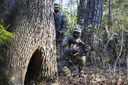 Soldiers conduct a security scan during a simulated downed aircraft exercise at Joint Base Langley-Eustis, Va., March 10, 2021. 