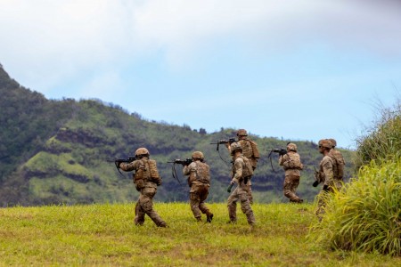 Soldiers assigned to A Company, 29th Brigade Engineer Battalion, 3rd Infantry Brigade Combat Team, 25th Infantry Division conduct squad live fire exercise training lanes at Schofield Barracks, Hawaii on March 30, 2021. 