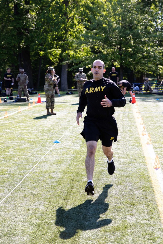 A soldier assigned to Headquarters, Headquarters Company, U.S. Army Reserve Legal Command conducts the Sprint-Drag-Carry event of the Army Combat Fitness Test on Saturday, May 15th aboard Naval Support Activity Bethesda, Maryland.  The multi-event test served as a diagnostic evaluation of each Soldier’s physical readiness while providing a viewpoint on how they can improve their training and nutrition.