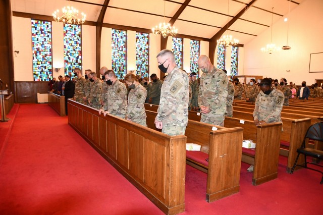 Those attending the Joint Readiness Training Center and Fort Polk National Day of Prayer breakfast, held at the Main Post Chapel May 6, bowed their heads to pray.
