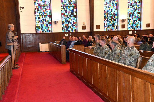 Dave Roever, left, was the guest speaker at Fort Polk’s National Day of Prayer event held May 6. After breakfast, prayer and music, Roever spoke to those attending the ceremony about his many struggles and the importance of resiliency.