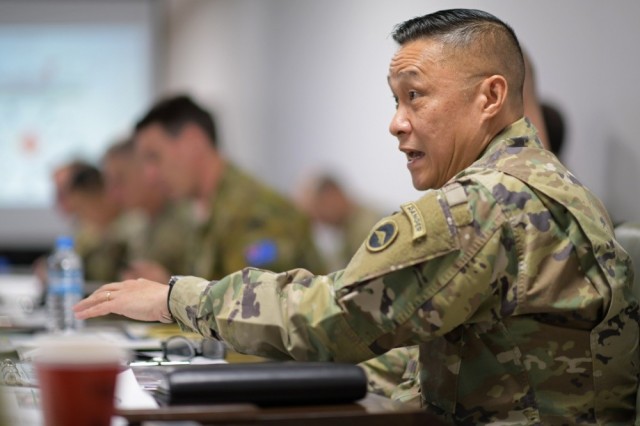 Maj. Gen. Viet X. Luong, U.S. Army Japan commander, addresses senior leaders of the Japan Ground Self-Defense Force during a multi-domain operations/cross-domain operations meeting on Dec. 9, 2019, at Camp Asaka, Japan.