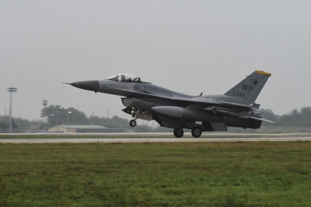 A U.S. Air Force F-16 Fighting Falcon from the 80th Fighter Squadron “Juvats” lands following a routine training flight at Kunsan Air Base, Korea, Aug. 28, 2019. The 8th Fighter Wing is responsible for conducting air-to-ground and air-to-air missions in the 45 F-16s assigned to the wing.