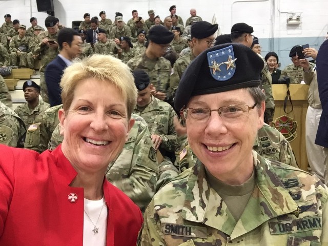 Maj. Gen. Tammy Smith and her wife, Tracey Hepner, during an Army event. During her last assignment, Smith was the special assistant to the assistant secretary of the Army for manpower and reserve affairs.