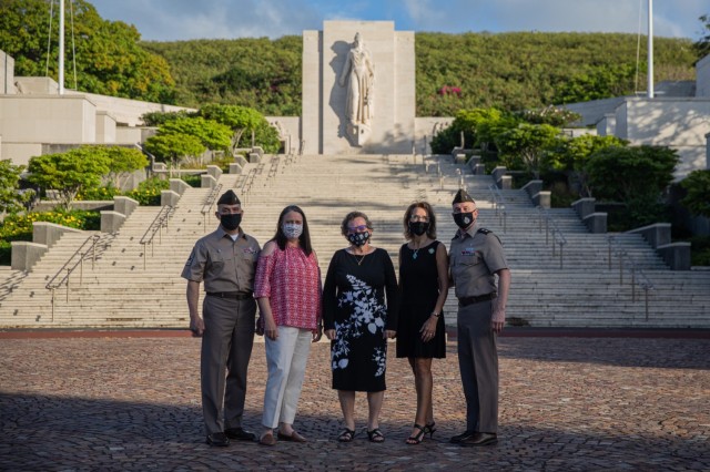 From left to right, Regimental Sgt. Maj. Ralph Martinez, the Chaplain Corps senior enlisted advisor, his spouse Laura Martinez, Natalie Rauch, the memorial’s facilitator, Jill Solhjem, spouse of Maj. Gen. Tom Solhjem, U.S. Army chief of chaplains, and Solhjem poses for a photo at the National Memorial Cemetery of the Pacific May 11 at Punchbowl Crater in Honolulu, Hawaii. Solhjem and Martinez cemetery visit was to honor the memory of the nation’s military veterans and learn about previous chaplains that have sacrificed their lives during the wars. (U.S. Army photo by Sgt. 1st Class Monik M. A. Phan, U.S. Army Pacific Public Affairs)