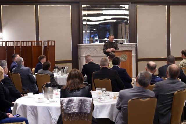 Sgt. Maj. of the Army, Michael A. Grinston, discusses Army priorities, developing engaged leaders, and building cohesive teams that are highly trained, disciplined and fit, in Chicago, May 28, 2021 during a breakfast with the Chicago Gold Chapter of the Young Presidents’ Organization Grinston. 
(U.S. Army Reserve photo by Staff Sgt. David Lietz)