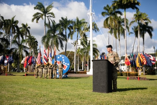 U.S. Army Gen. Charles A. Flynn, incoming commanding general of U.S. Army Pacific, gives remarks during the USARPAC change of command ceremony June 4, 2021, at Fort Shafter, Hawaii. (U.S. Army photo by Sgt. 1st Class Monik M. Phan)