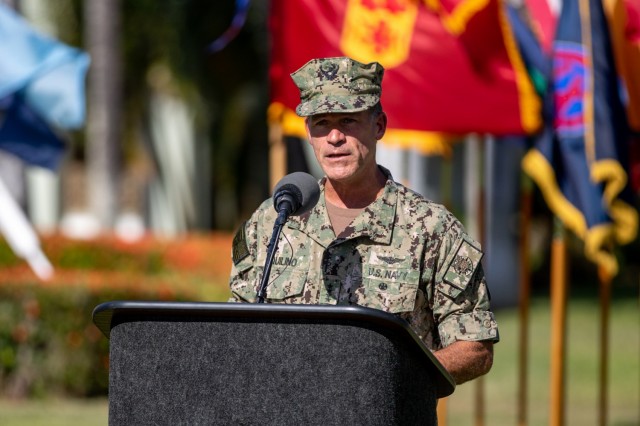 U.S. Navy Adm. John C. Aquilino, commander, U.S. Indo-Pacific Command, gives his remarks at the U.S. Army Pacific change of command ceremony between Army Gen. Paul J. LaCamera, outgoing U.S. Army Pacific commander, and Gen. Charles A. Flynn, incoming U.S. Army Pacific commander, at Fort Shafter, Hawaii, June 4, 2021. (U.S. Army photo by Sgt. 1st Class Monik M. Phan)