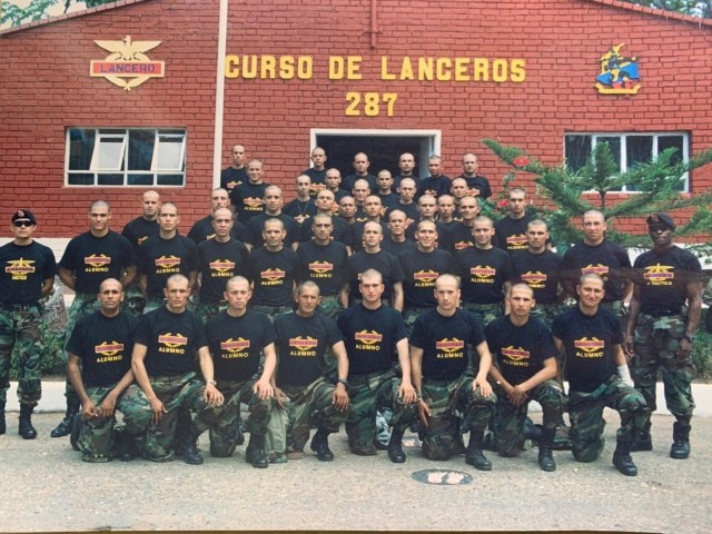 2nd Lt. Mauricio Garcia, second row 3rd from left, and his Lancero classmates, pose for a class photo at the Lancero school in Tolemaida, Colombia. Garcia, now a Chief Warrant Officer 3 with the U.S. Army, is once again deployed to Tolemaida Army Base as part of a technical advising team from U.S. Army Security Assistance Command’s Fort Bragg-based training unit, the Security Assistance Training Management Organization. (Courtesy photo)