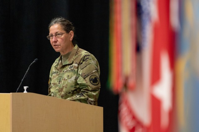 Chief of the Army Reserve Lt. Gen. Jody Daniels gives her remarks during the Military Intelligence Readiness Command's assumption of command ceremony, Fort Belvoir, Virginia, June 5, 2021. (U.S. Army Reserve photo by Maj. Jeku Arce)