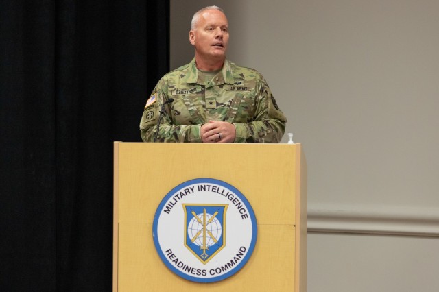 Military Intelligence Readiness Command (MIRC) Commanding General Brig. Gen. Joseph Dziezynski gives his remarks during the MIRC's assumption of command ceremony, Fort Belvoir, Virginia, June 5, 2021. (U.S. Army Reserve photo by Maj. Jeku Arce)