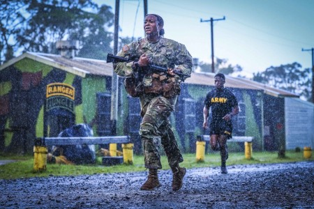 Soldiers complete a 5K in preparation for a jungle operations training course at Schofield Barracks, Hawaii, May 14, 2021.
