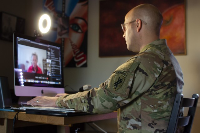 Master Sgt. Ijpe DeKoe, personnel security manager and equal opportunity leader for the U.S. Army Reserve, participates in a lesbian, gay, bisexual, transgender and queer panel discussion June 24, 2021. 