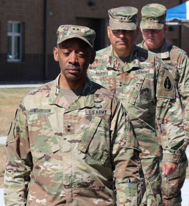 Left to right, Maj. Gen. Jonathan Woodson, commanding general, Army Reserve Medical Command, Maj. Gen. Alberto Rosende, commanding general, 63rd Readiness Division Brig. Gen. Joseph Marsiglia, commanding general, Army Reserve Medical Readiness and Training Command march during the Spc. Jameson L. Lindskog U.S. Army Reserve Center memorialization ceremony June 29, 2021 at Parks Reserve Forces Training Area in Dublin, Calif. Lindskog, a resident of Pleasanton, Calif., was killed in action March 29, 2011 while serving as a combat medic with the 2nd Battalion, 327th Infantry Regiment, 1st Brigade Combat Team, 101st Airborne Division in Afghanistan. He posthumously received the Silver Star for his heroic actions that day.
(Photo by Sgt. 1st Class Matthew Chlosta)