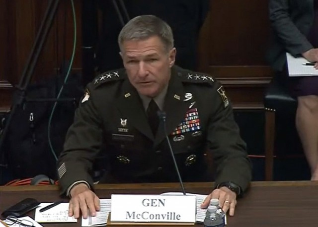 Army Chief of Staff Gen. James C. McConville testifies before the House Armed Services Committee about the Army&#39;s fiscal year 2022 budget proposal in Washington, D.C., June 29, 2021.