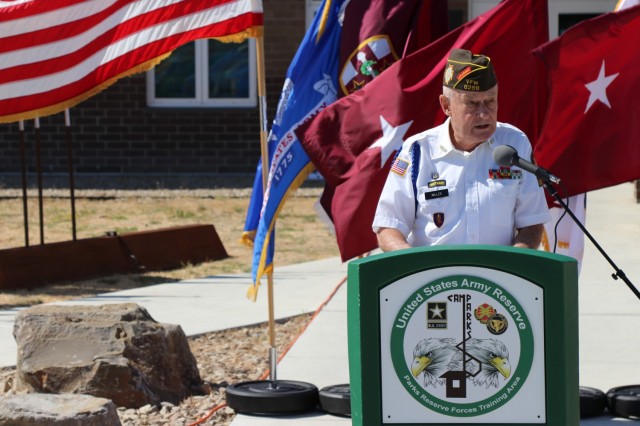 Mr. Doug Miller, the master of ceremony, speaks during the Spc. Jameson L. Lindskog U.S. Army Reserve Center memorialization ceremony June 29, 2021 at Parks Reserve Forces Training Area in Dublin, Calif. Lindskog, a resident of Pleasanton, Calif., was killed in action March 29, 2011 while serving as a combat medic with the 2nd Battalion, 327th Infantry Regiment, 1st Brigade Combat Team, 101st Airborne Division in Afghanistan. He posthumously received the Silver Star for his heroic actions that day.
(Photo by Sgt. 1st Class Matthew Chlosta)