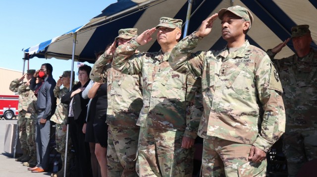 Left to right, Brig. Gen. Joseph Marsiglia, commanding general, Army Reserve Medical Readiness and Training Command, Maj. Gen. Alberto Rosende, commanding general, 63rd Readiness Division and Maj. Gen. Jonathan Woodson, commanding general, Army Reserve Medical Command, salute during the Spc. Jameson L. Lindskog U.S. Army Reserve Center memorialization ceremony held June 29, 2021 at Parks Reserve Forces Training Area in Dublin, Calif. Lindskog, a resident of Pleasanton, Calif., was killed in action March 29, 2011 while serving as a combat medic with the 2nd Battalion, 327th Infantry Regiment, 1st Brigade Combat Team, 101st Airborne Division in Afghanistan. He posthumously received the Silver Star for his heroic actions that day.
(Photo by Sgt. 1st Class Matthew Chlosta)