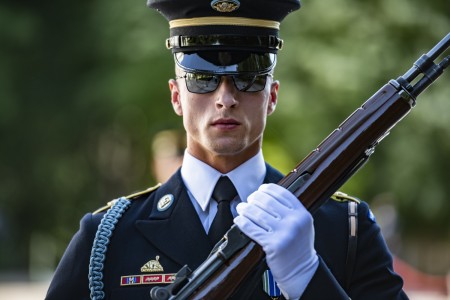 A sentinel from the 3d U.S. Infantry Regiment (The Old Guard) participates in the changing of the guard at the Tomb of the Unknown Soldier at Arlington National Cemetery, Arlington, Virginia, May 20, 2021.