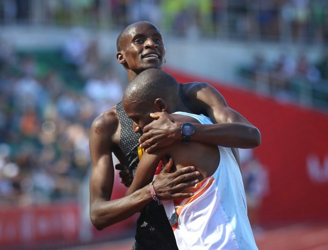 Spc. Benard Keter, left, celebrates with former teammate, Hillary Bor, after they both made the Olympic team for the men&#39;s 3,000-meter steeplechase at the U.S. Olympic Track and Field Trials June 25. 