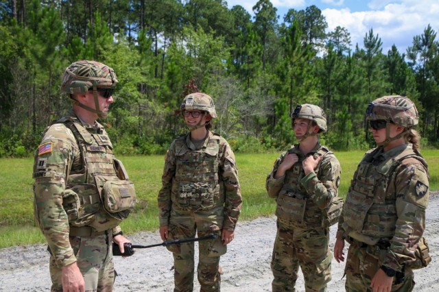 Capt. Joseph Kearney, commander of Alpha Company, 9th Brigade Engineer Battalion, 2nd Armored Brigade Combat Team, instructs Cadets from the U.S. Military Academy at West Point, New York, during their Cadet Troop Leader Training at Fort Stewart, Georgia, June 23, 2021. CTLT gives cadets from West Point and ROTC the opportunity to experience leadership and a day-in-the-life of Army second and first lieutenants in active-duty units every summer. (U.S. Army photo by Sgt. Trenton Lowery)