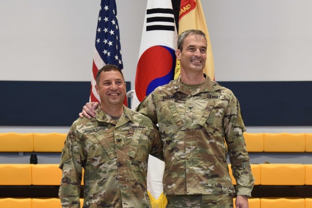 U.S. Army Garrison Daegu welcomed a new garrison commander as Col. Brian P. Schoellhorn (left) assumed the duties as the incoming commander and Col. Edward J. Ballanco (right) relinquished duties during a change of command ceremony at Camp Walker in South Korea on July 12th.