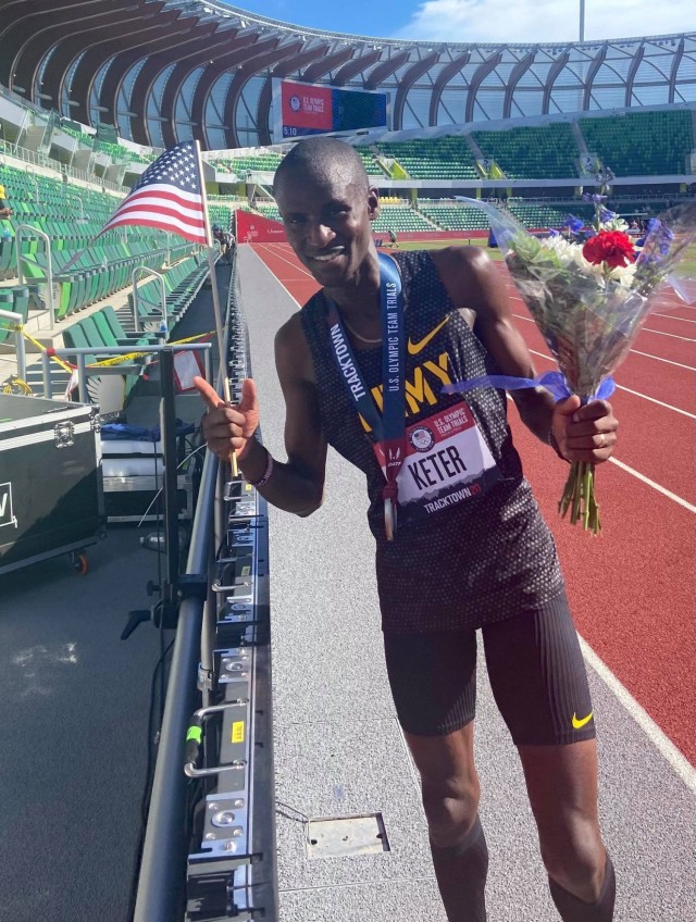 Spc. Benard Keter, a Soldier-athlete in the World Class Athlete Program, crossed the finish line of the men’s 3,000-meter steeplechase with a time of 8:21.81 at the U.S. Track and Field Olympic Trials June 25, 2021, earning his spot to compete at the Summer Olympic Games in Tokyo.