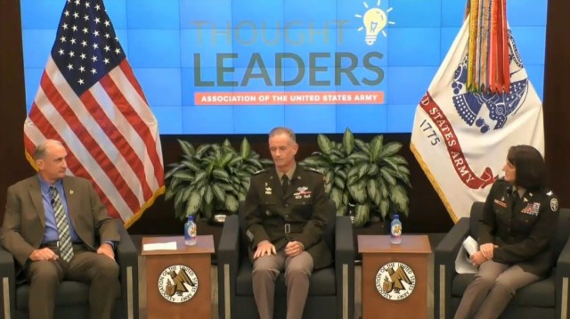 Lt. Gen. Walter Piatt, center, director of the Army Staff, speaks about mindfulness during a Thought Leaders webinar hosted by the Association of the U.S. Army July 21, 2021. 