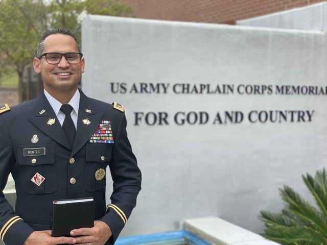 CH candidate David Montes Jr. stands in front of the U.S. Army Chaplain Corps Memorial at the U.S. Army Chaplain Center and School (USACHCS) Fort Jackson, South Carolina April 11, 2021.