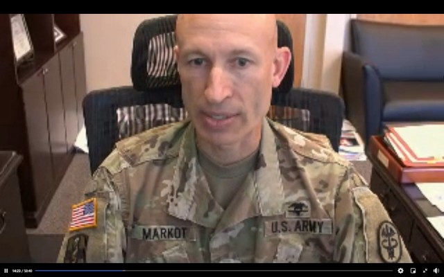 Col. Peter Markot, deputy commander for administration at Eisenhower Army Medical Center, discusses the difficulties of transitioning operations to COVID-19 conditions during a livestream event on July 22, 2021. 