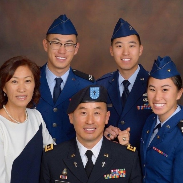 Ch. (Lt. Col.) Hyokchan Kim with his wife and family. Ch. Kim, the command chaplain for 19th Expeditionary Sustainment Command, became an Army Chaplain after finishing his Korean Army service in the late 1980s, then later serving as a minister in Las Vegas. All of Ch. Kim's children are graduates of the U.S. Air Force Academy.

Photo courtesy of Ch. Kim