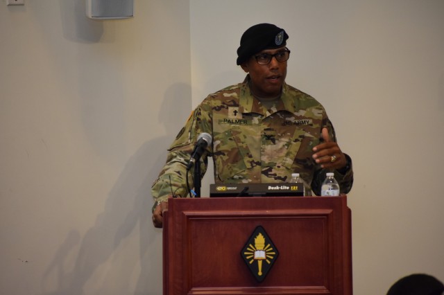 Chaplain (Col.) James Palmer, Jr. addresses attendees at the change of commandant ceremony after he assumed the responsibility as the 44th commandant of the U.S. Army Chaplain Center and School July 30.