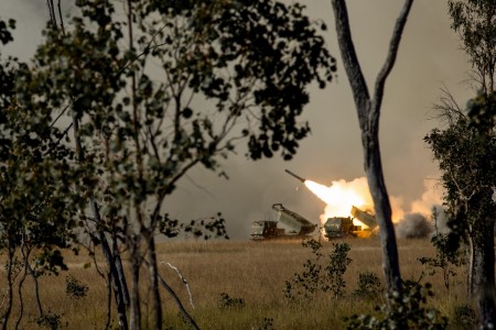 U.S. Army HIMARS with Alpha Battery, 1st Battalion, 94th Field Artillery Regiment, 12th Field Artillery Brigade, and U.S. Marine Corps HIMARS with 3d Battalion, 12th Marines, 3d Marine Division, and fire rockets during Exercise Talisman Sabre 21 on Shoalwater Bay Training Area, Queensland, Australia, July 18, 2021
