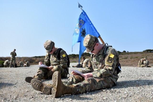 Soldiers assigned to the 229th Military Intelligence Battalion take a written land navigation exam during the battalion’s land navigation competition at Fort Ord National Monument, Calif., Aug. 7, 2021.