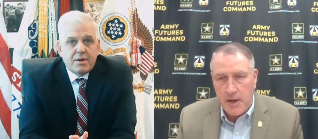 Christopher Lowman, left, the senior official performing the duties of the undersecretary of the Army, and Gen. John M. Murray, commander of Army Futures Command, discuss the importance of the joint force on the future battlefield during a live discussion hosted by the Potomac Officers Club on Aug. 12, 2021. 