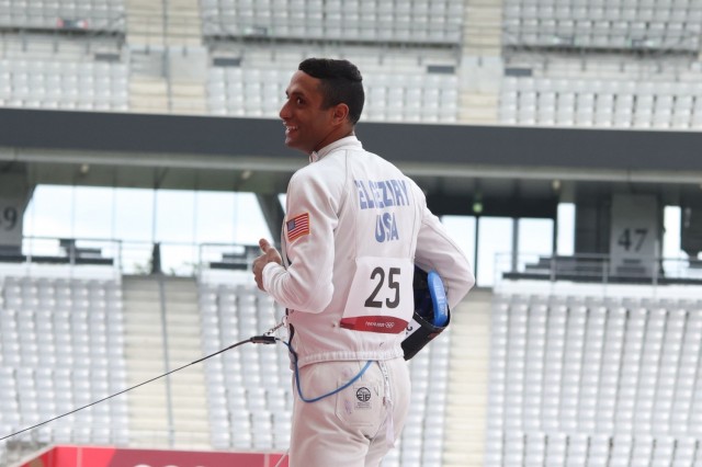 Sgt. Amro Elgeziry during the fencing bonus round of the men’s modern pentathlon at the 2020 Summer Olympic Games in Tokyo, Japan, Aug.7. Elgeziry, a Soldier-athlete in the Army’s World Class Athlete Program placed 25th at the end of the competition.