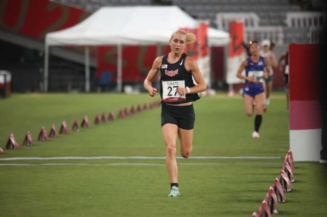 Sgt. Samantha Schultz during the laser run event of women’s modern pentathlon at the 2020 Summer Olympic Games in Tokyo, Japan, Aug 6. Schultz, a Soldier-athlete in the Army’s World Class Athlete Program, placed 21st overall.