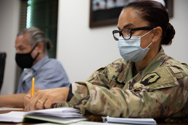 FORT BUCHANAN, P.R.—The 1 st Mission Support Command conducts a civilian awards recognition board for rating cycle 2021 at the command’s headquarters, Aug 15, 2021. Lt. Col. Cynthia M. Pagan, 1 st MSC deputy human resource, reviewed packets selected for awards.