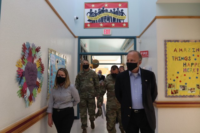 Jack Surash, Acting Assistant Secretary of the Army for Installations, Energy and Environment, walks through the School Age Center to see how the facility was affected during Winter Storm Uri during his visit to Fort Sill Aug. 18-20.