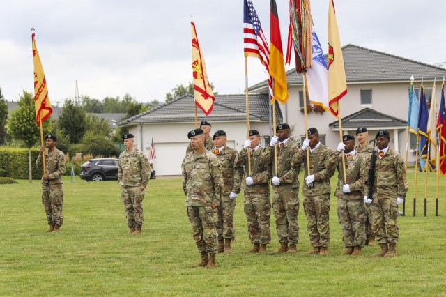 Command Sgt. Maj. Christopher Truchon stands at the front of the formation at the close of the IMCOM-Europe Change of Responsibility ceremony Aug. 27 at USAG Wiesbaden&#39;s Clay Kaserne.